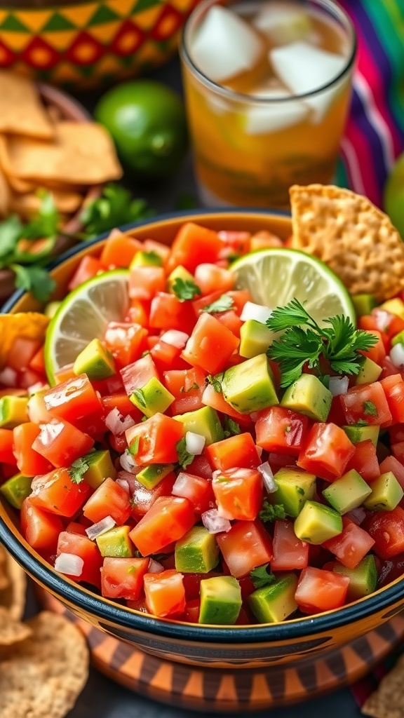 Vibrant Pico de Gallo Salad with Avocado A fresh Pico de Gallo Salad with tomatoes, avocado, and cilantro, served with lime wedges, on a festive table.
